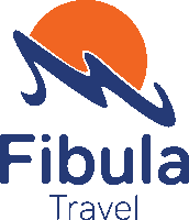 a logo for fibula travel shows a wave and a sun