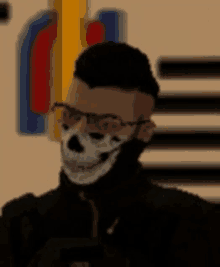 a man wearing a skull mask and glasses is standing in a room .