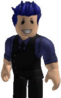 a roblox character with blue hair is wearing a black vest