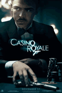 a poster for casino royale shows a man in a tuxedo