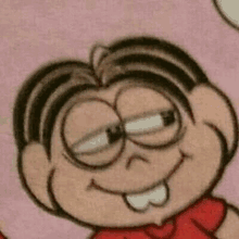 a close up of a cartoon character with glasses and a smile .