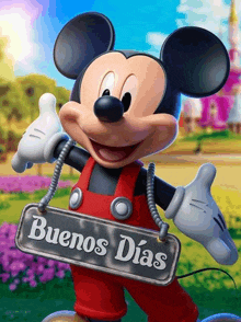 mickey mouse holds a sign that says buenos dias