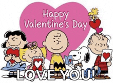 a happy valentine 's day greeting card with snoopy , charlie brown , lucy , and woodstock