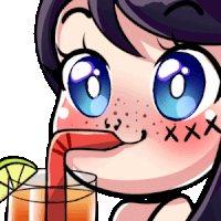 a cartoon girl with blue eyes drinking from a glass