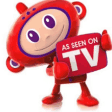 a cartoon character holding a sign that says as seen on tv