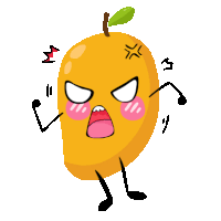 a cartoon illustration of a mango with arms and legs and an angry face