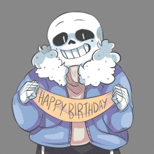 a cartoon drawing of sans holding a happy birthday banner