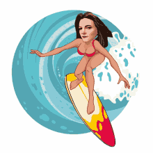 a woman in a bikini is riding a wave on a surf board