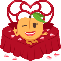 an illustration of a peach laying on a bed with petals around it