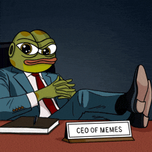 a cartoon of pepe the frog sitting at a desk with a sign that says ceo of memes on it