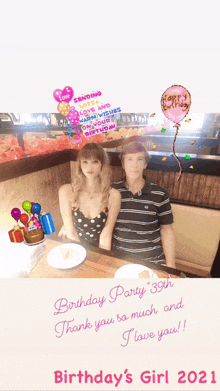 a man and a woman are sitting at a table with balloons and a birthday card that reads birthday party 39th