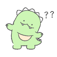 a cartoon drawing of a green dinosaur with a question mark above it