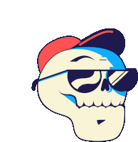 a cartoon drawing of a skull wearing sunglasses and a baseball cap