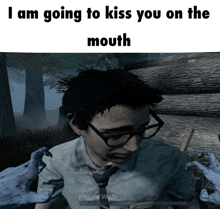 a man with glasses and a tie is being kissed by a monster