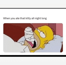 a cartoon of homer simpson laying in bed with a bandaged hand