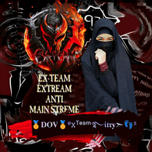 a woman in a black hijab is standing in front of a poster that says ex-team extrem anti main streme