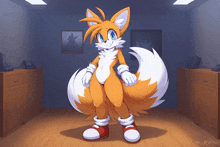 a drawing of tails from sonic the hedgehog stands in a room