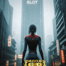 a woman in a superhero costume is standing in front of a slot machine