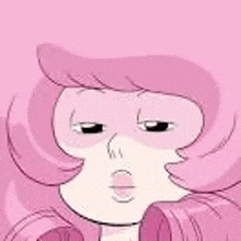 a close up of a cartoon character with pink hair and a sad look on her face .