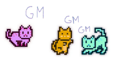 gm written on a white background next to a pixel cat