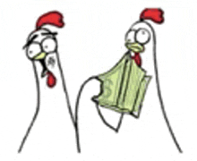 two chickens are standing next to each other and one is holding a green towel .