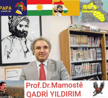 a man in a suit and tie stands in front of a collage of images including one of papa kurdistan