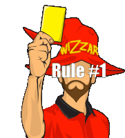 a man in a red hat holds up a yellow card that says rule # 1 on it