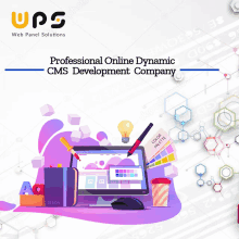 an advertisement for a professional online dynamic cms development company with a computer