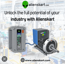 an advertisement for alienskart.com shows an electric motor and a controller