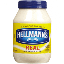 a bottle of hellmann 's real mayonnaise with a blue cap