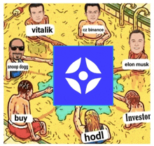 a group of people in a bathtub with a blue square in the middle that says vitalik