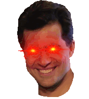 a man with glowing red eyes and a smile on his face