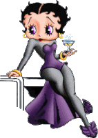 a betty boop cartoon character in a purple dress holding a martini glass