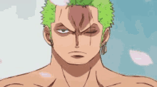 a close up of a man 's face with a green haired character from one piece .