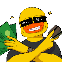 a yellow duck wearing sunglasses is holding a credit card