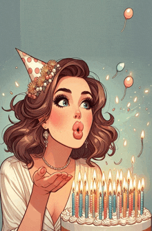 an illustration of a woman blowing out candles on a cake