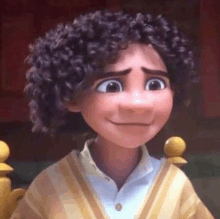 a close up of a cartoon character with curly hair and a smile .