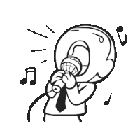 a black and white drawing of a man singing into a microphone with music notes behind him .