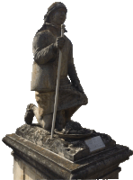 a statue of a man kneeling down with a cane and a plaque that says ' a.v. '