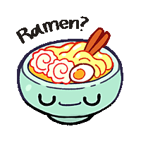 a cartoon drawing of a bowl of ramen with chopsticks and the words " ramen " above it