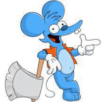 a cartoon mouse is holding an axe and pointing to the side .