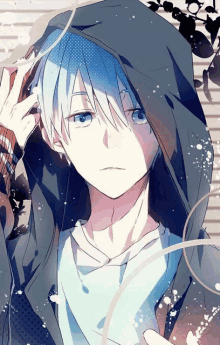 a blue haired anime character with a hood on