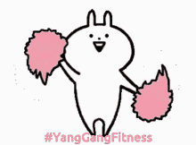 a cartoon of a rabbit holding pink pom poms with the words #yanggangfitness below it .