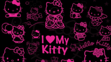 a black background with pink hello kitty icons and the words i love my kitty