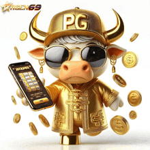 a bull wearing a hat that says pg holding a phone