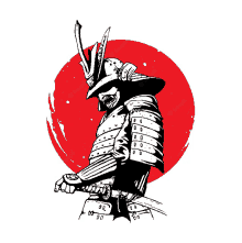 a samurai holding a sword in front of a red sun