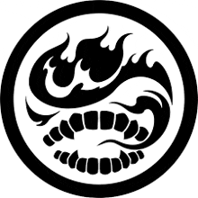 a black and white silhouette of a dragon in a circle with flames coming out of its mouth .