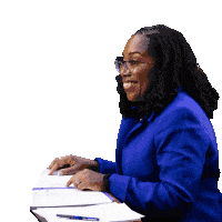 a woman in a blue jacket is sitting at a desk with the words " i am an independent lawyer i am impartial "