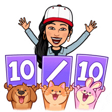 a cartoon of a woman and three animals holding signs that say 10