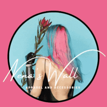 a woman with pink and blue hair is holding a flower in a circle that says apparel and accessories